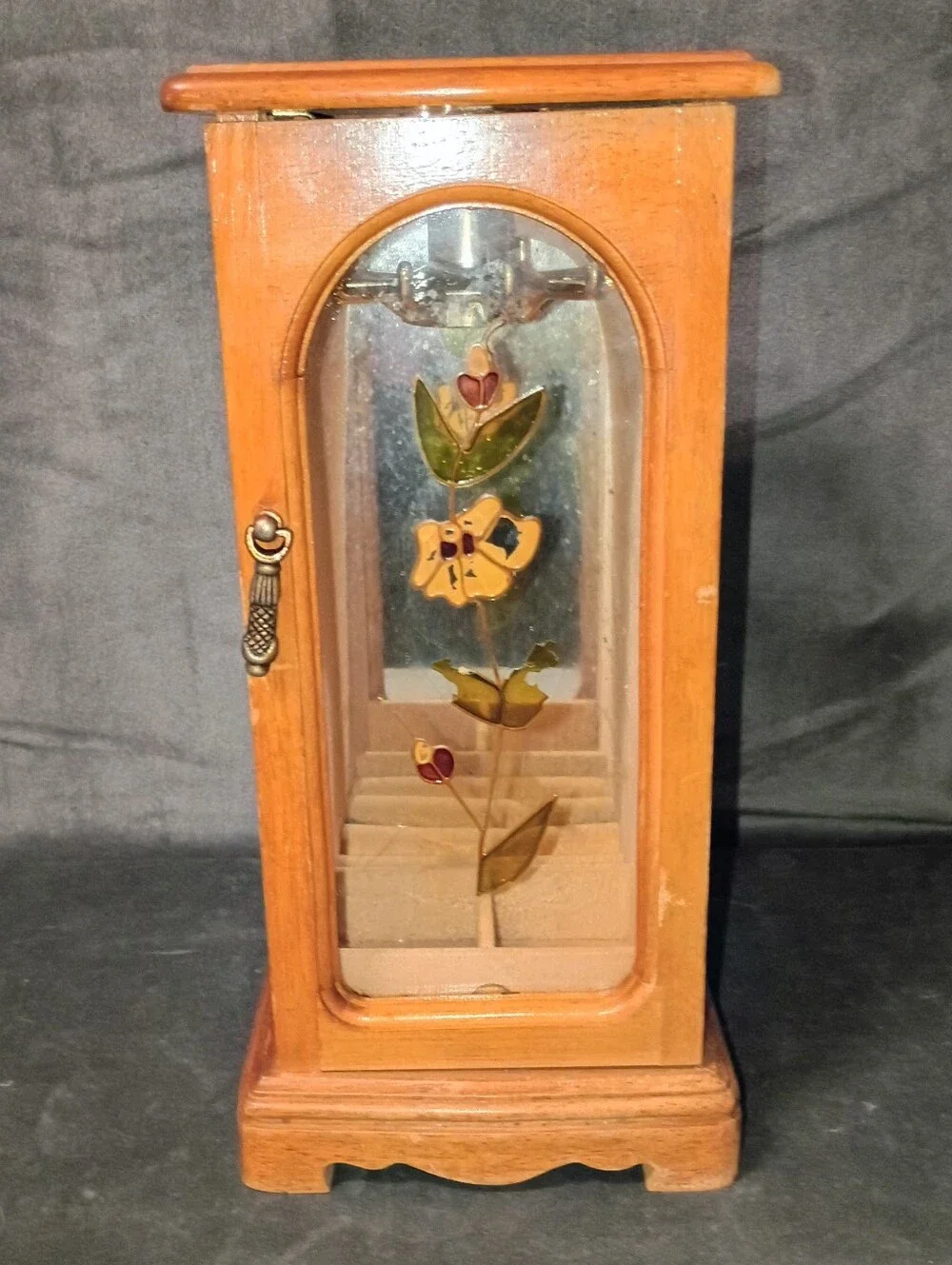 Vintage Wooden Jewelry Cabinet with Stained Glass Door 10.5x5.5 In
